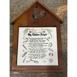 Vintage My Kitchen Prayer Tile Plaque Rooster Wood Frame V.G. Japan 1950s